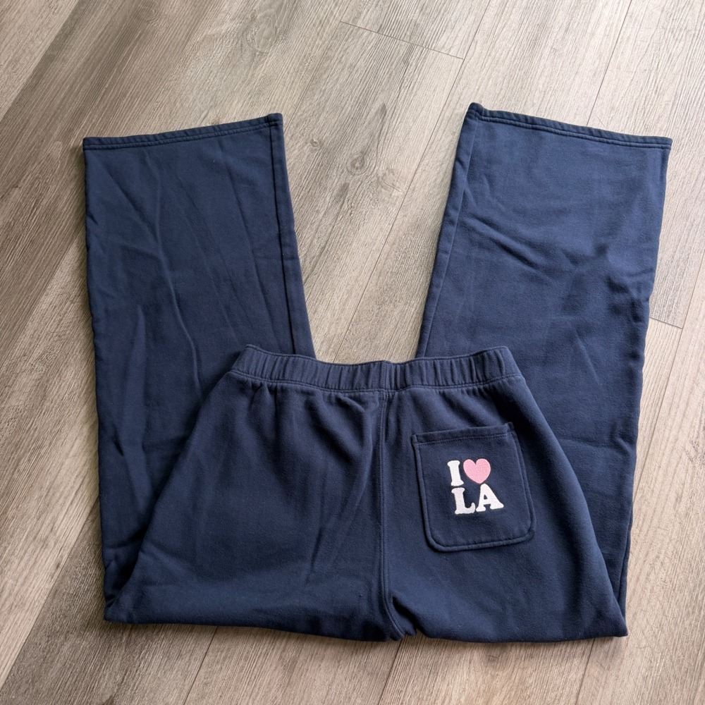 Hollister Womens XS Navy Fleece Sweatpants I Heart LA Pocket Wide Leg Lounge